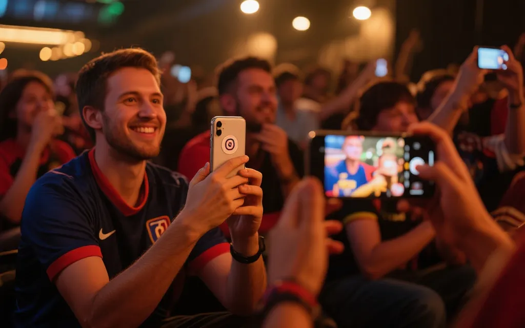 球迷在手机上参与投票与评论的互动场景想象图