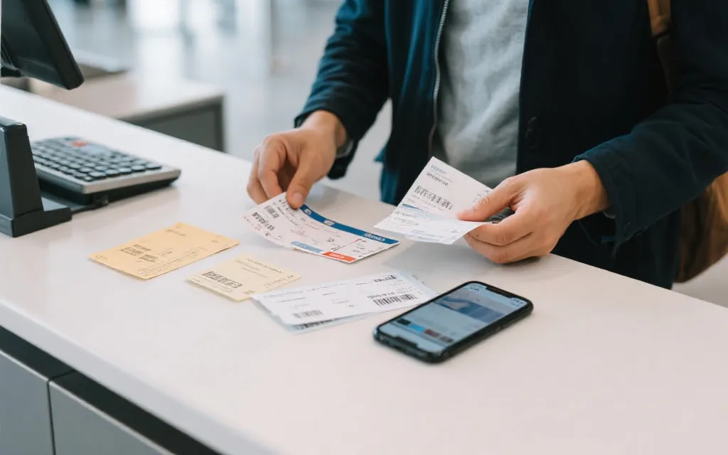 旅客在机场柜台整理票据与手机截图，桌面有登机牌与收据，写实风格