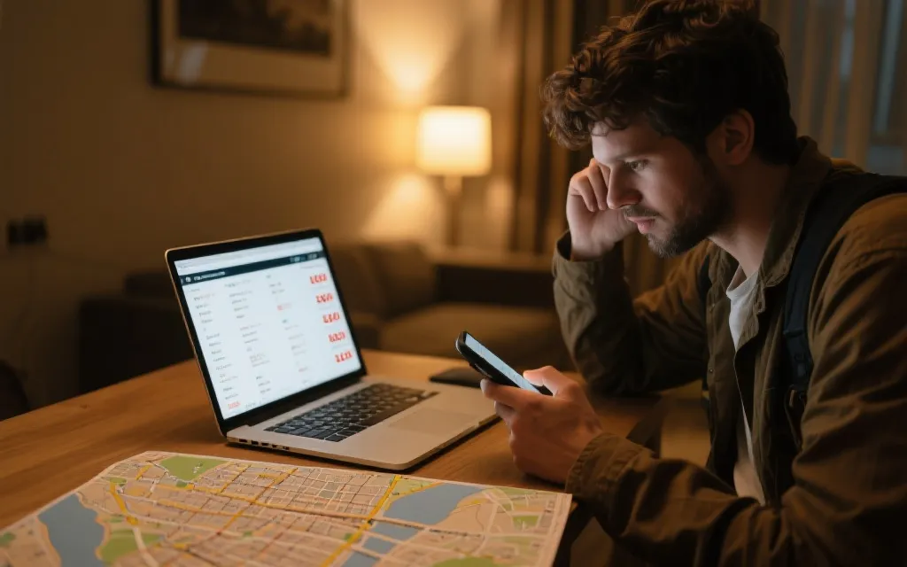 球迷在电脑与手机上对比地图与订房价格的场景