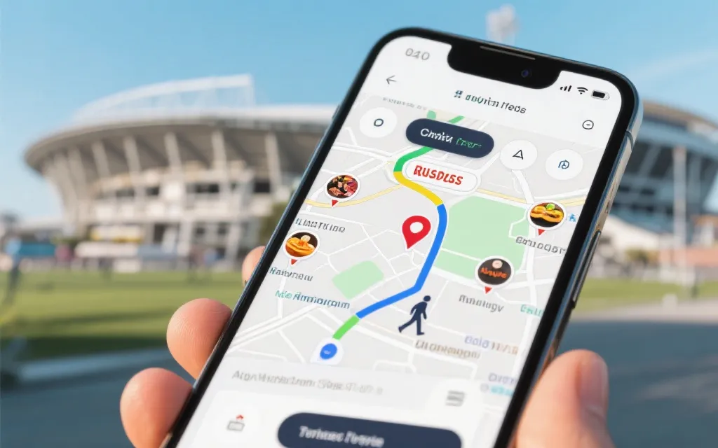 手机地图上标注球场周边餐馆与步行路线的旅行规划画面