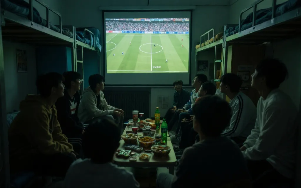 宿舍里多人一起看球，大屏投屏与零食氛围布置