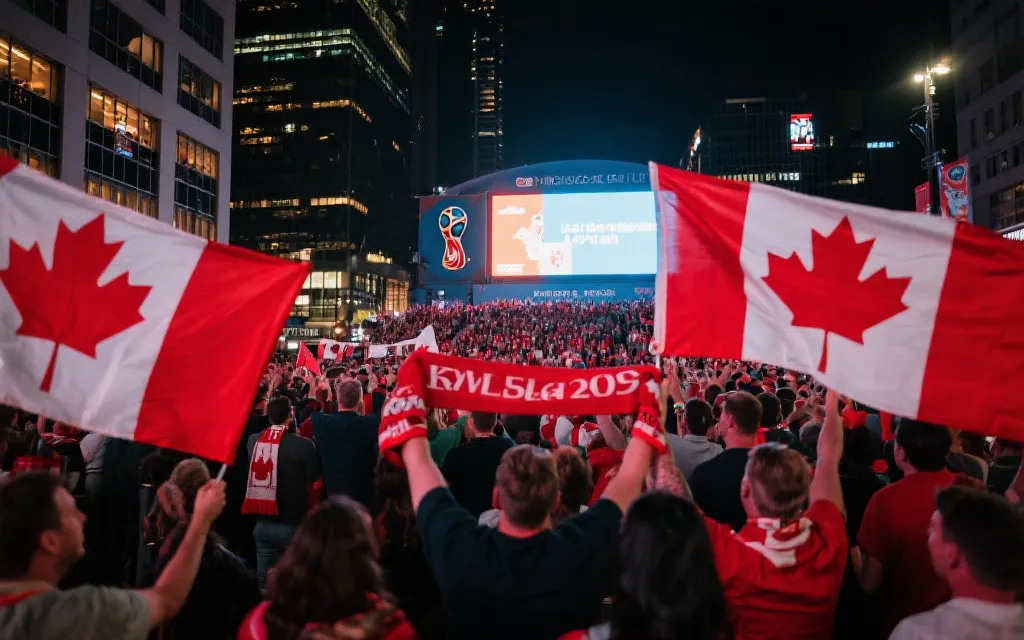 世界杯决赛夜加拿大城市广场观赛人群与枫叶旗