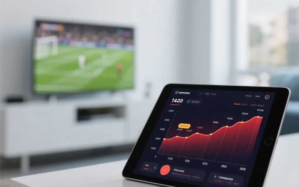 平板上展示比赛数据与热区图，旁边电视播放比赛，形成信息丰富的混合观赛