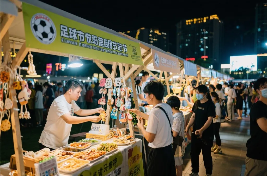 足球文化节与城市市集融合的热闹场景