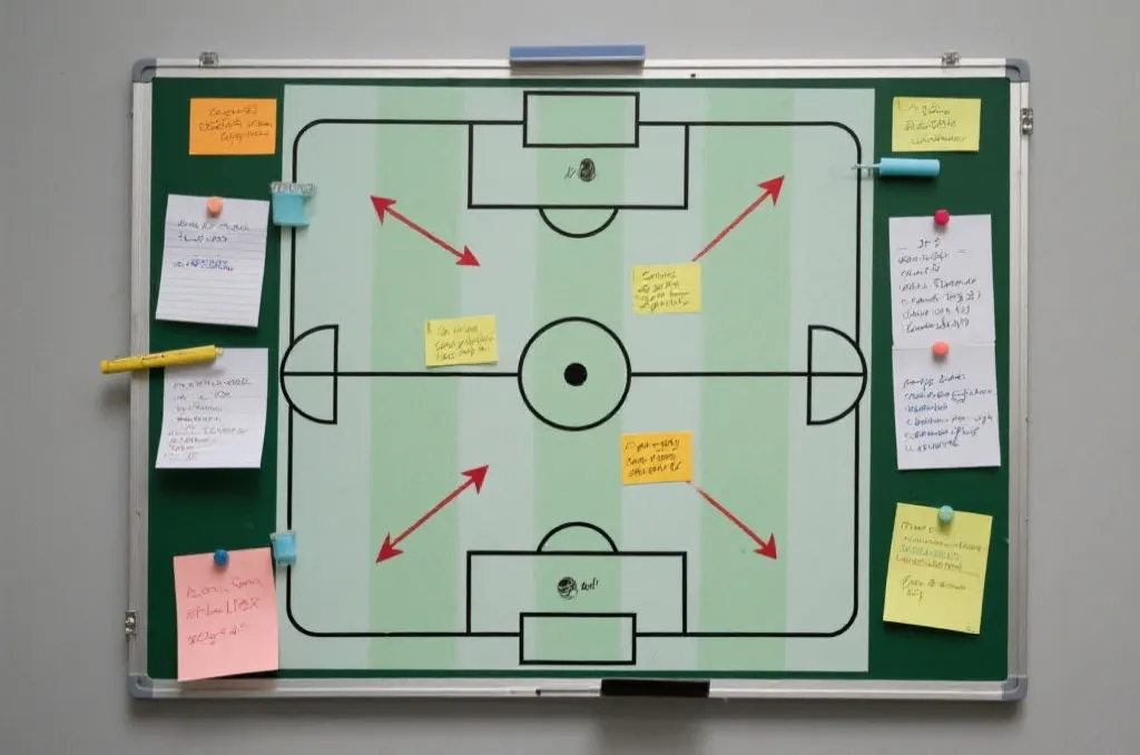 An abstract soccer tactical formation board with arrows and planning notes