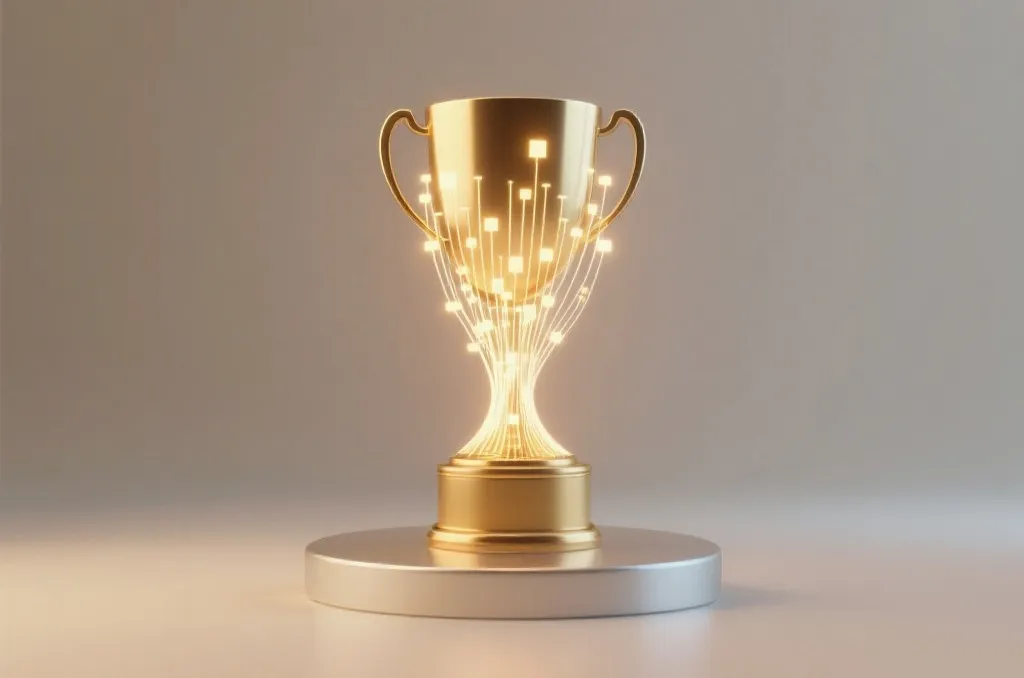 Abstract glowing gold trophy with digital data lines in a modern design